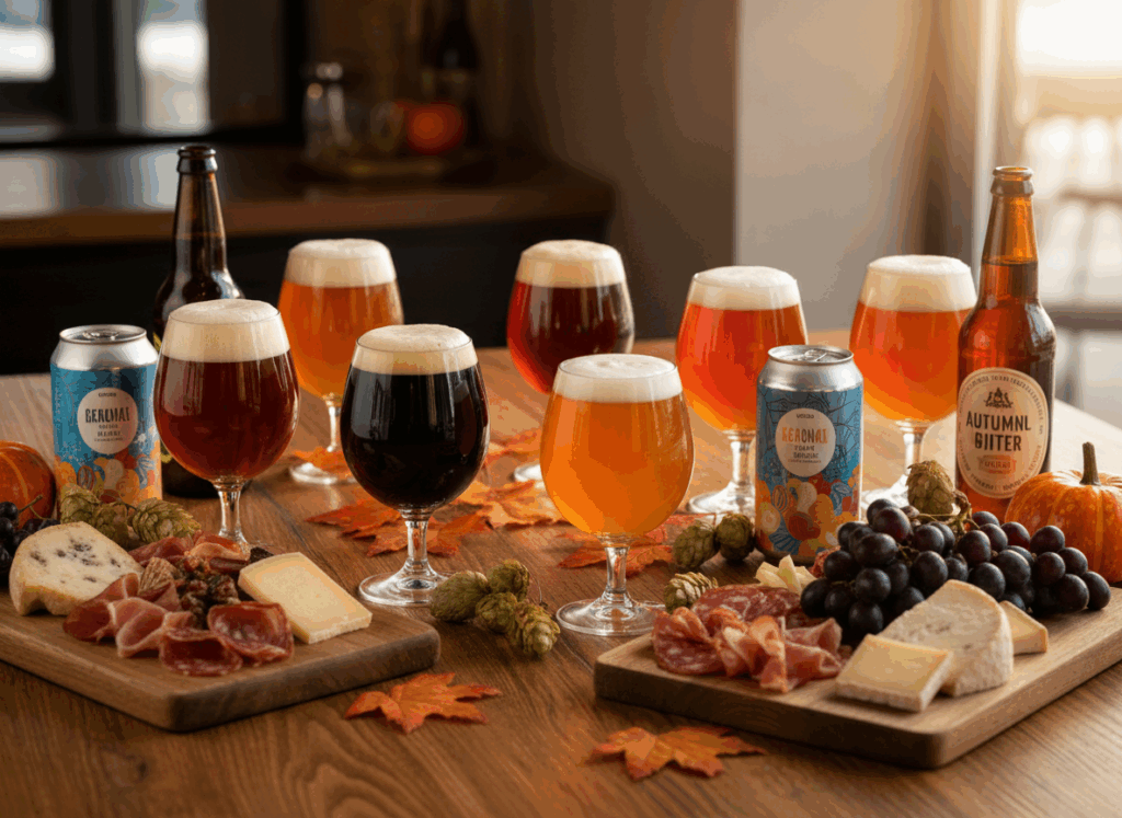 Selection de bieres automnales et hivernales presentees sur une table en bois