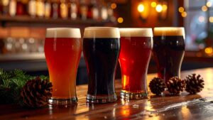 Selection de bieres dhiver sur une table en bois