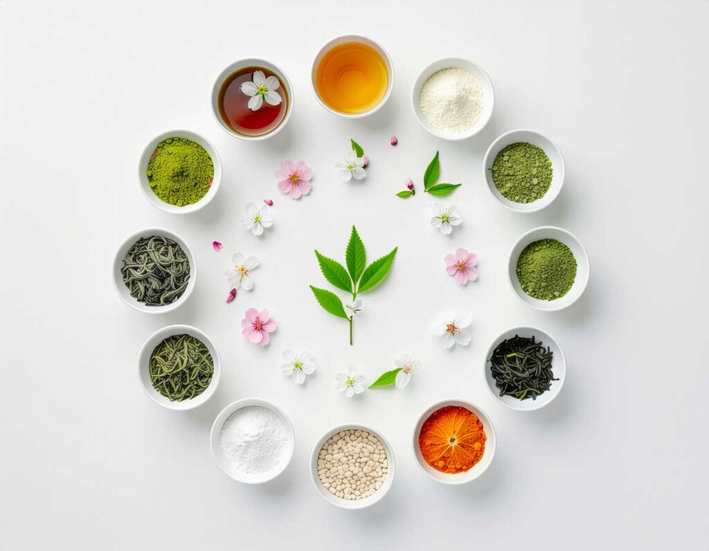 Infographie professionnelle style epure fond clair Schema circulaire presentant les ingredients du gin