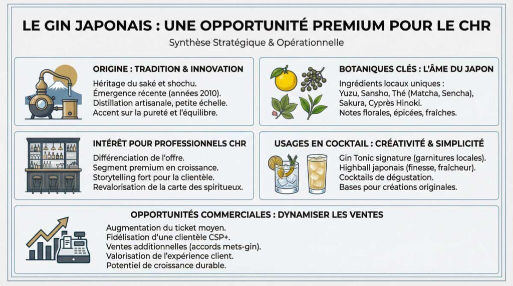 Infographie synthetique professionnelle resumant Origine du gin japonais Botanique