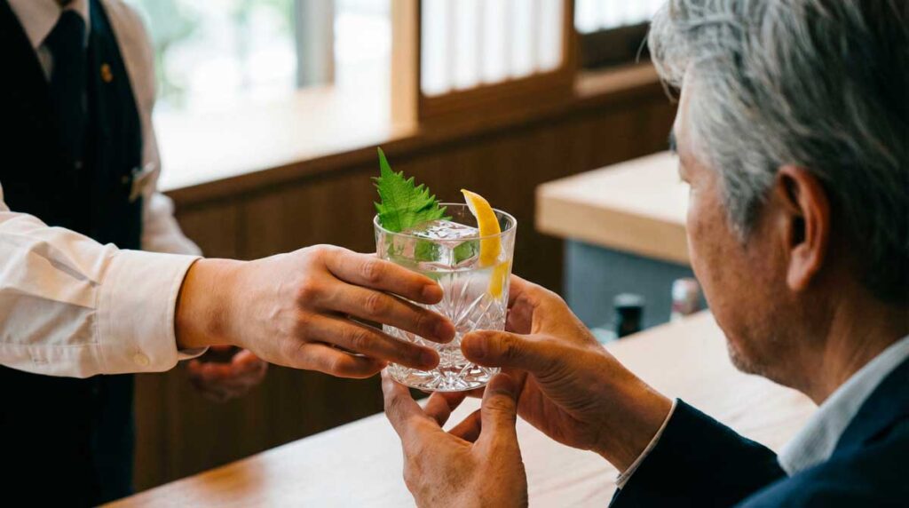 Scene elegante dans un restaurant ou bar haut de gamme Serveur presentant un cocktail