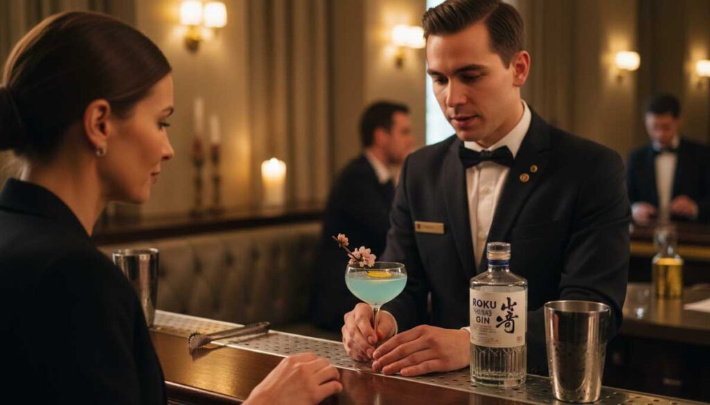 barman hôtel luxe servant cocktail gin Scène élegante dans un restaurant ou bar haut de gamme en Europe