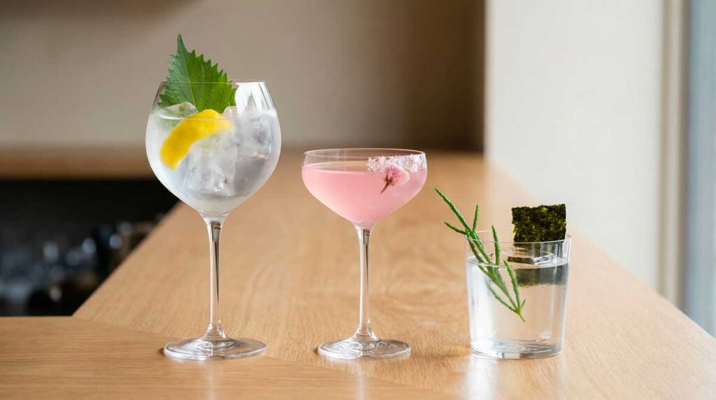 cocktails a base de gin japonais Trois verres differents gin tonic