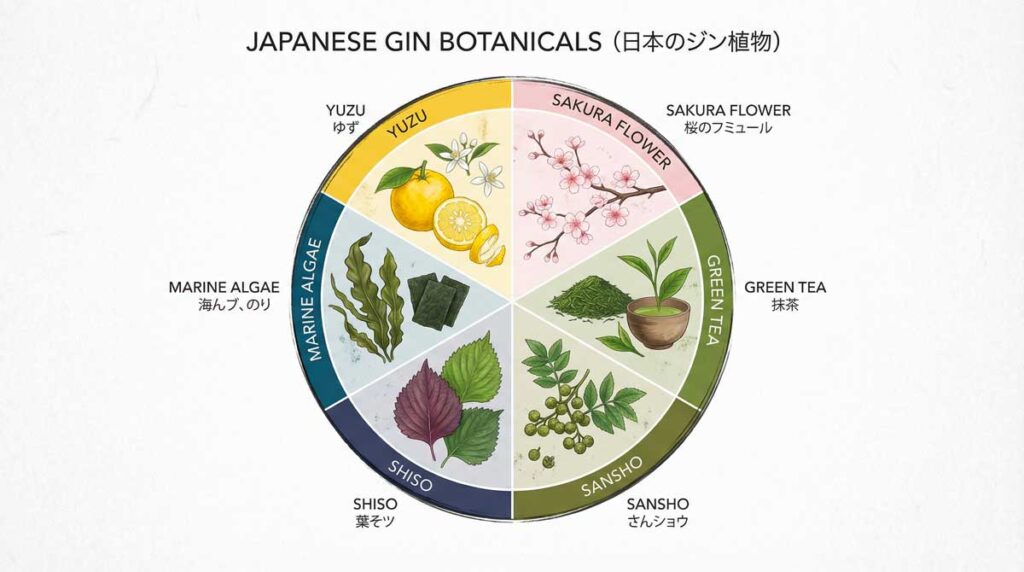 infographie caracteristique gin japonais bothanique Firefly Gemini Flash Infographie professionnelle style epure fond clair Schema circulaire presentant les ingrédients du gin