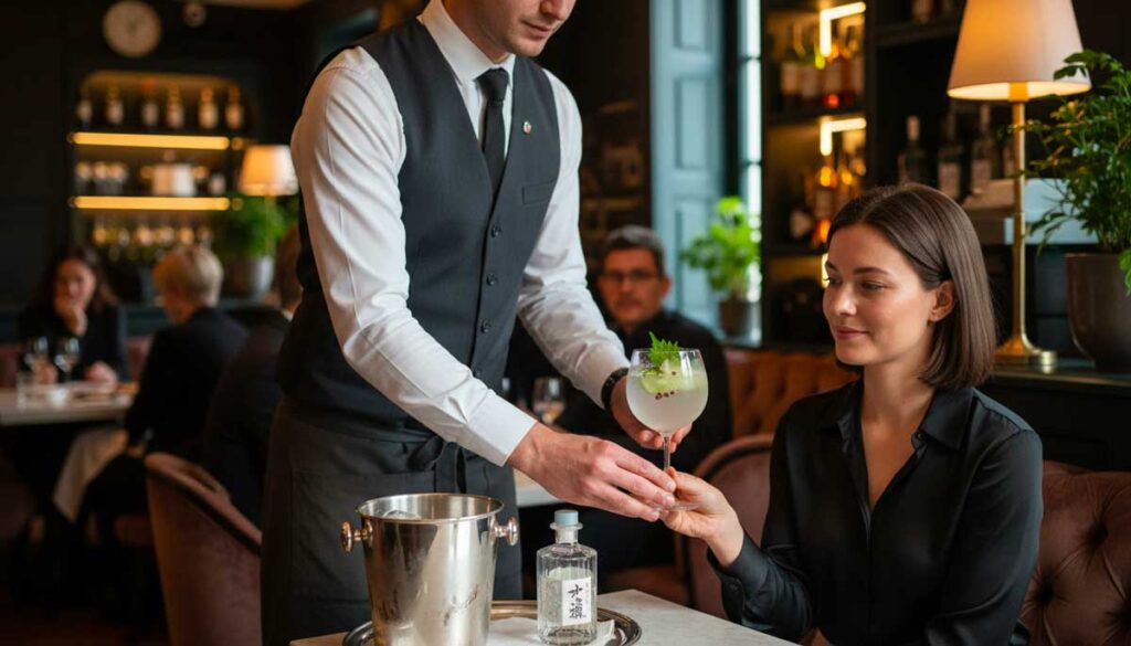 serveur proposant un gin japonais en cocktail a une cliente parisienne Scene elegante dans un restaurant ou bar haut de gamme en Europe Serveur professionnel