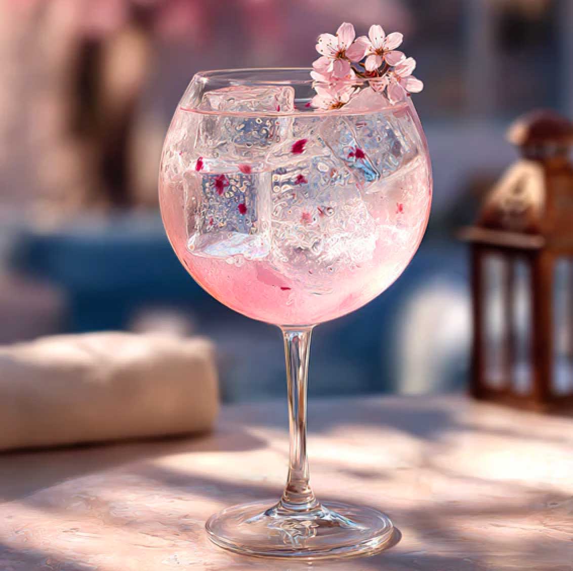 Cocktail Cherry Blossom Gin & Tonic, cocktail rosé dans un verre piscine posé sur une table avec nappe de restaurant parisiens, en décoration dans c e verre une petite tige avec de délicate fleurs rosé