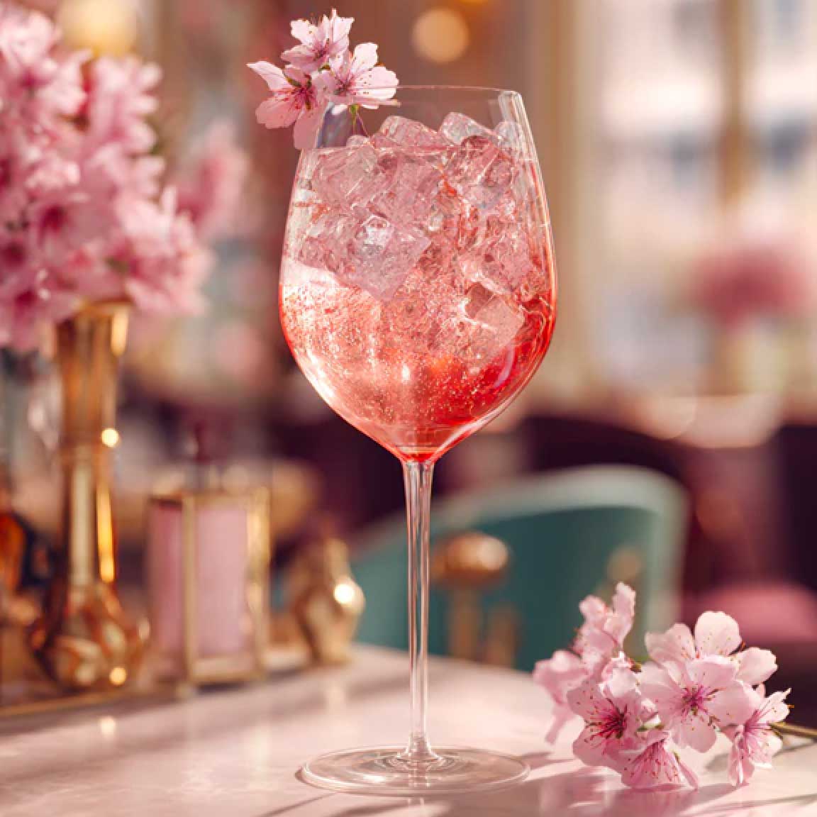 Cocktail Cherry Blossom Gin & Tonic, cocktail rosé dans un verre à vin posé sur une table blanche de bar parisiens certis d'un entourrage dorée, en décoration dans ce verre une petite tige avec trois délicate fleurs rosé. La couleur rosé de ce cocktail est intense au fond du verre et réalise un dégradé dans les glaçons pour arrivé translucide