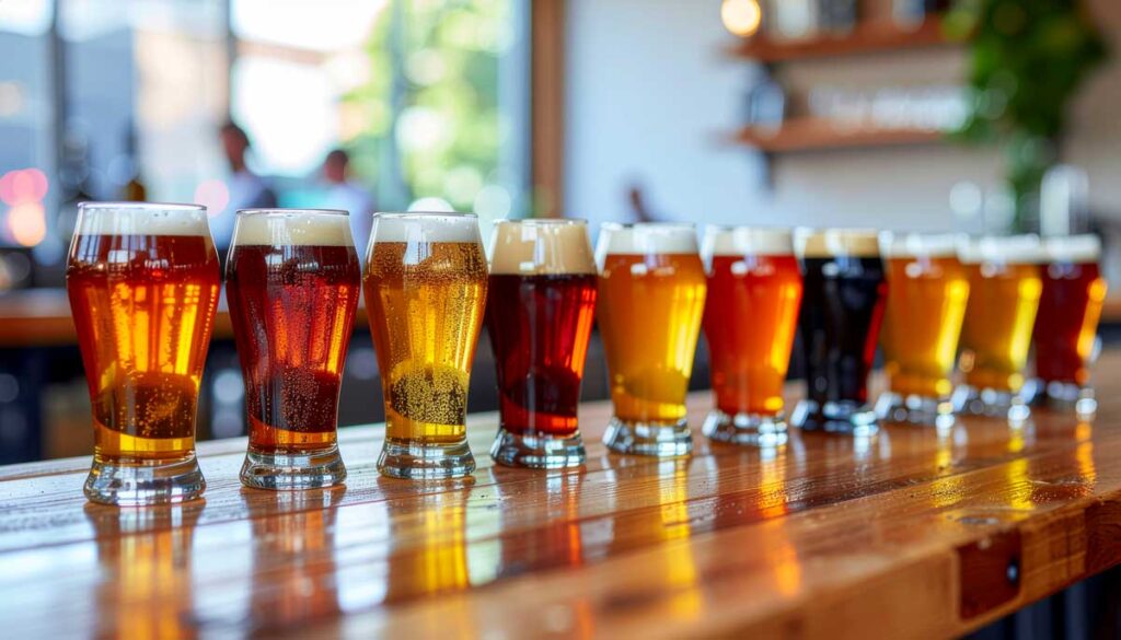 Sélection de bieres sans alcool artisanales IPA, NEIPA, blonde, brune, posé sur un bar en bois verni. Image généré par Firefly &Gemini 