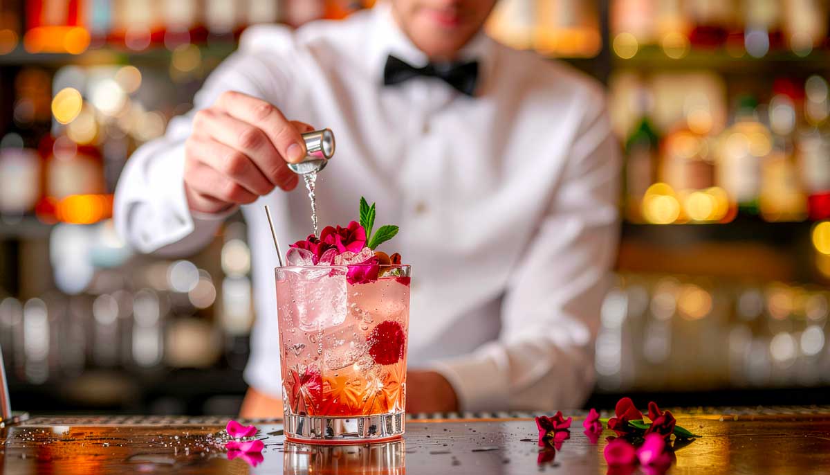 Barman d'un CHR Parisiens qui mélange un cocktail floral réaliser pour l'animation de son bar à cocktail