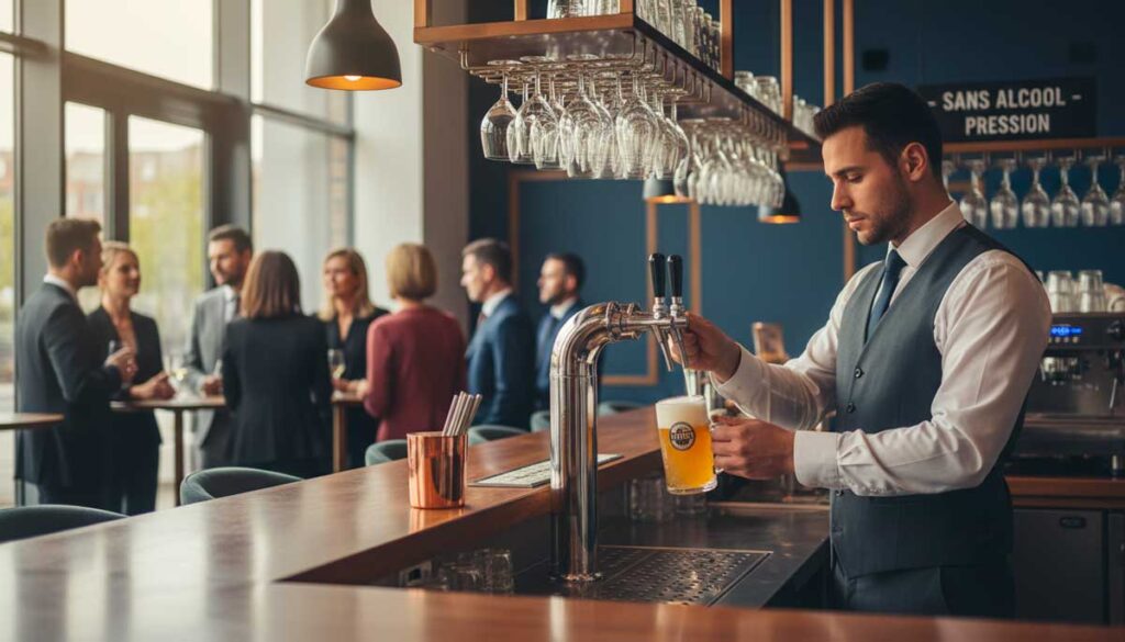 Biere sans alcool chr en pression dans un Bar contemporain, image généré par Firefly&Gemini