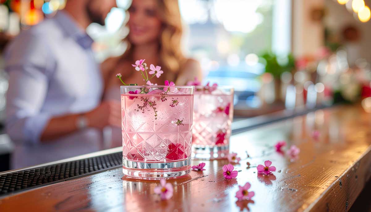Bar d'un CHR Parisiens avec deux cocktails floraaux réaliser pour l'animation du bar à cocktail et faire plaisir au couple qui attend le service des deux cocktails.