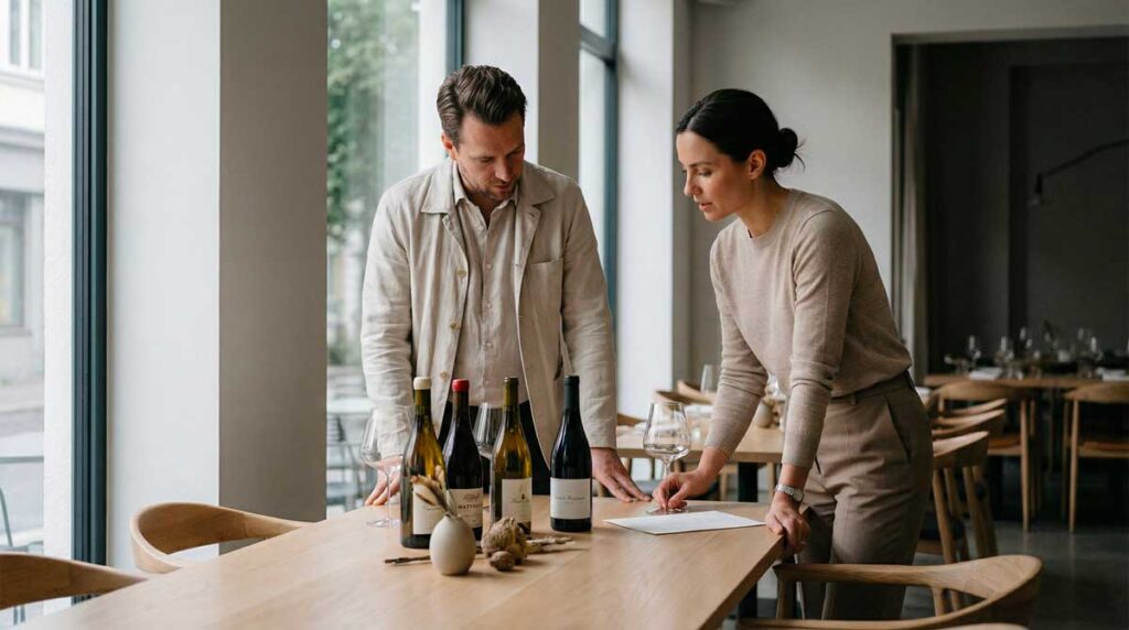 tendance vins 2026, experte vin explique selection restreinte vin au client chr dans un Restaurant bistronomique contemporain