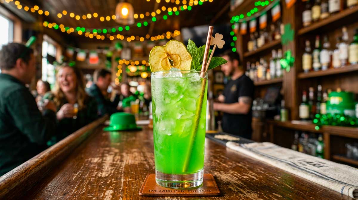 Cocktail vert de la Saint Patrick posé sur un comptoir en bois d'un bar parisien