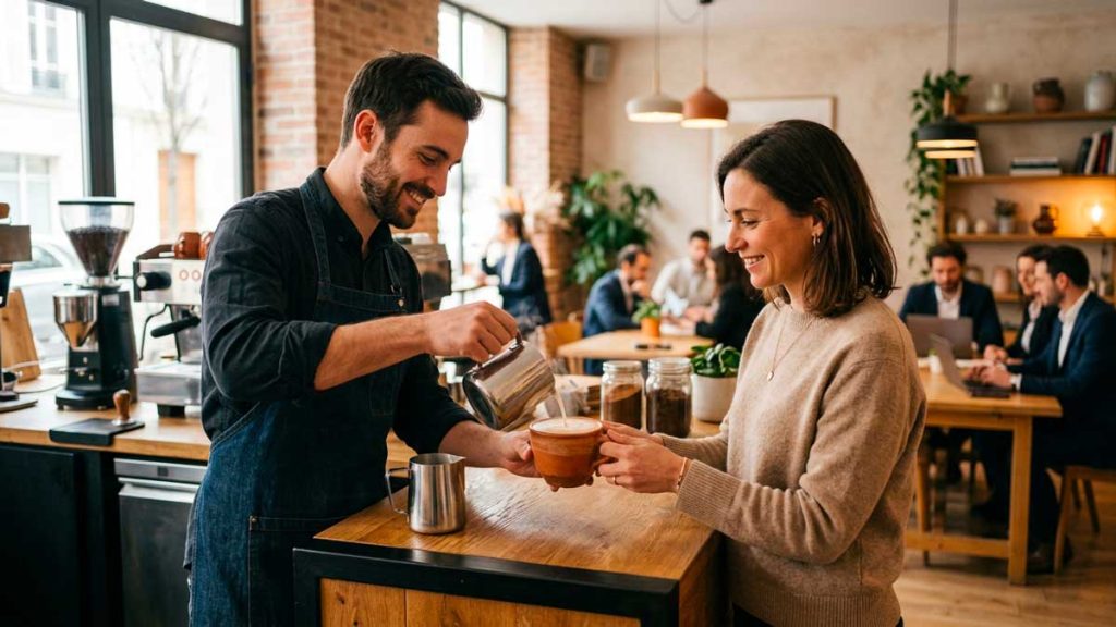 Interieur de coffee shop moderne et chaleureux ambiance premium un barista sert une tasse de chicoree cherico