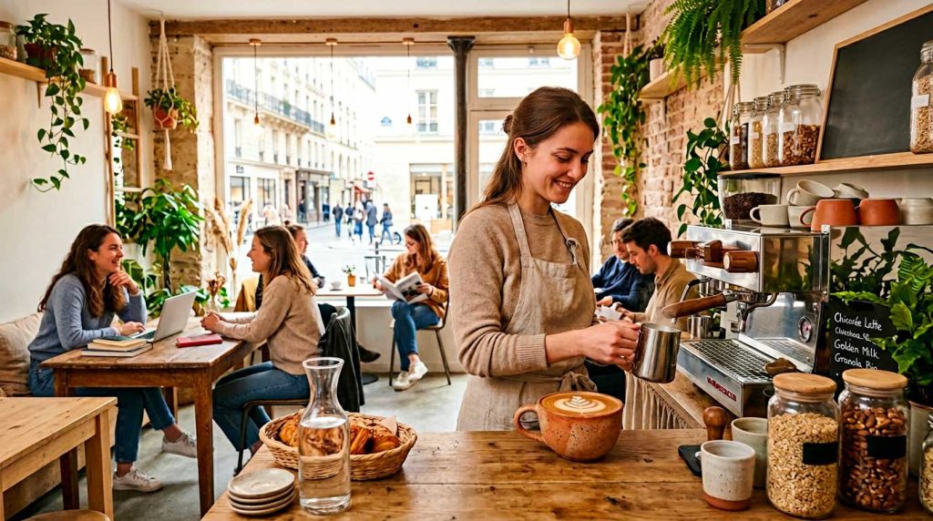 Interieur d'un coffee shop bio et branche a Paris decoration naturelle en bois