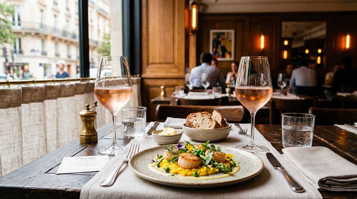 Rosé gastronomique servi à table d'un restaurant gastro accompagnant des saint jacques poelé