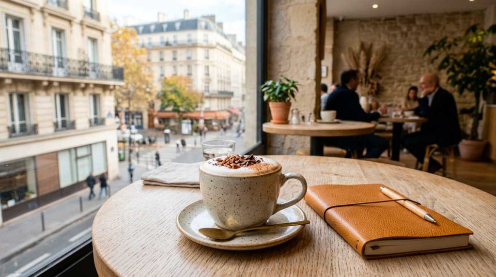 Table de coffee shop tendance avec vue sur un quartier parisien chic boisson chaude
