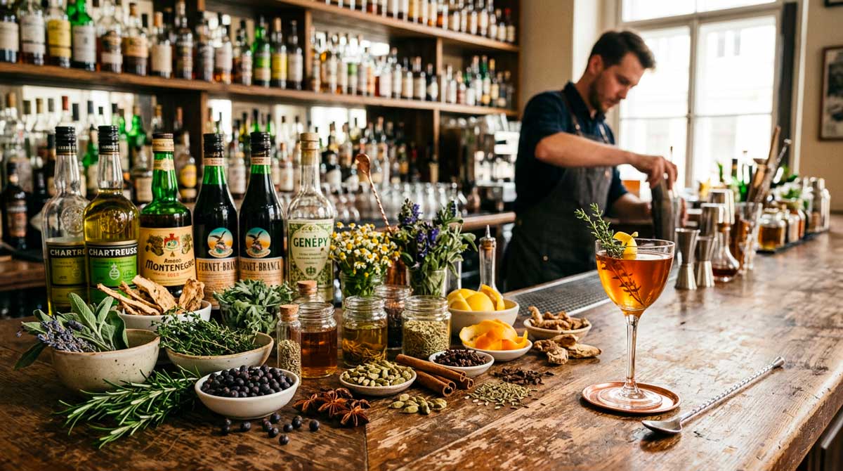 plantes et épices utilisées pour une liqueur de plantes en bar
