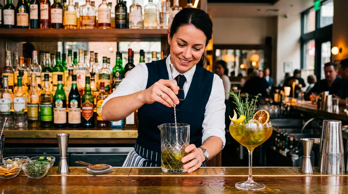 Bartenseuse qui confectionne un cocktail signature avec liqueur de plantes en bar