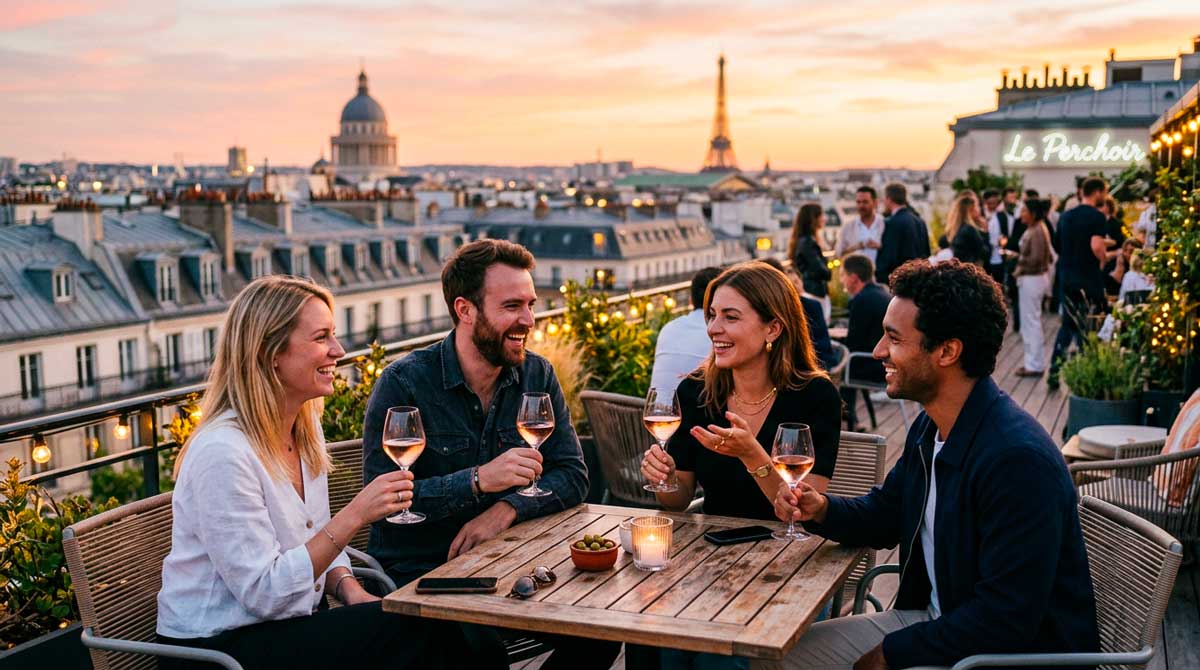 Quelques verres de rosés servi en rooftop parisien, terrasse avec vue sur les toits parisiens et la tour eiffel parisienne perceptible au fond sur l'horizon