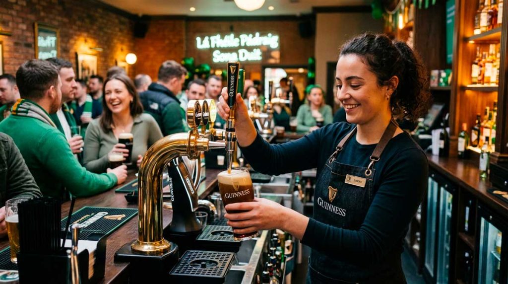 serveuse sert guinness bar animation st. patrick