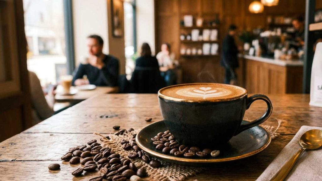 sublime café avec une belle mousse posé sur un comptoir en bois dans un café servi par un barista