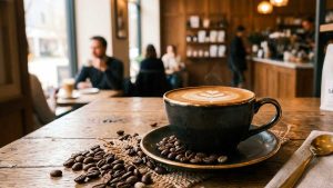 sublime café avec une belle mousse posé sur un comptoir en bois dans un café servi par un barista