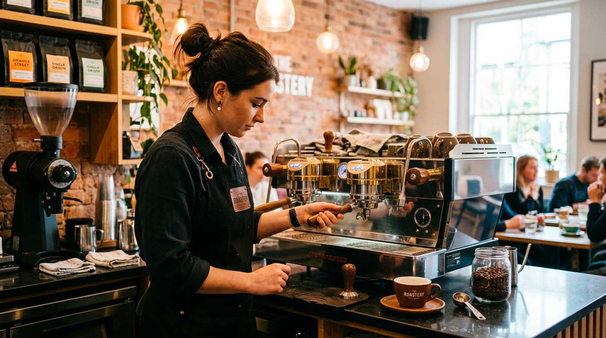 une barista professionnelle en train de préparer un expresso sur une machine a cafe moderne dans un beau coffee shop a paris