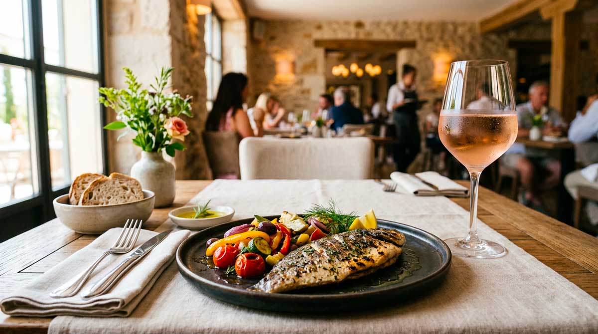 verre de rosé gastronomique servi-a table avec un plat en restaurant gastronomique