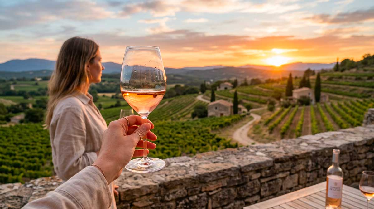 Verre de vin rosé brandi sur les vigne d'une viticulture durable du sud 