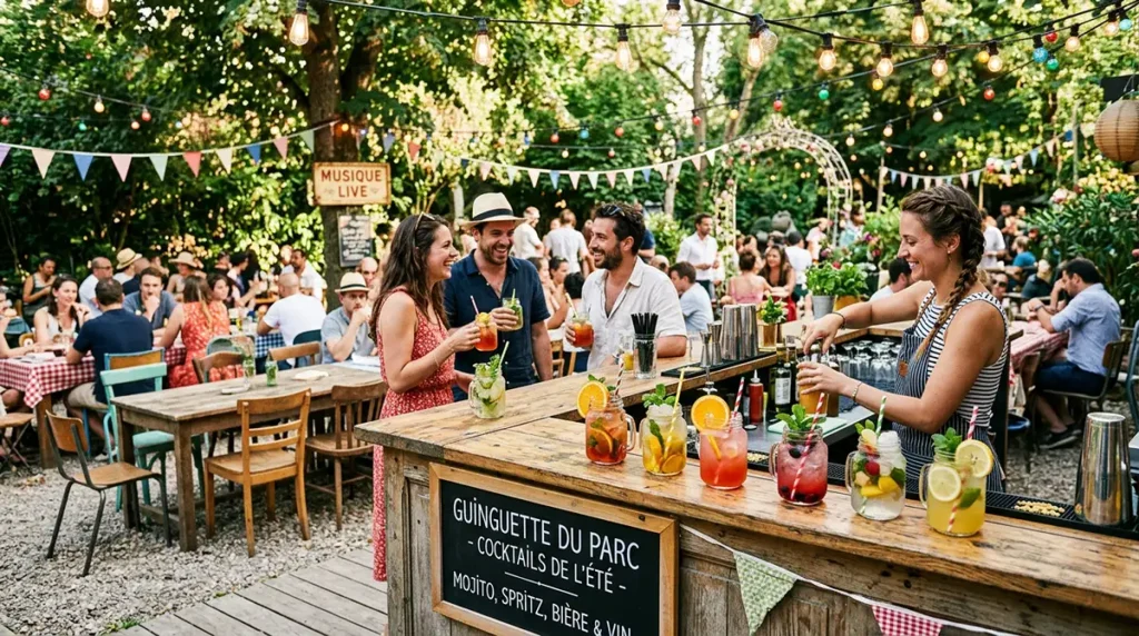 Stand de cocktails en BIB dans une guinguette estivale en plein air