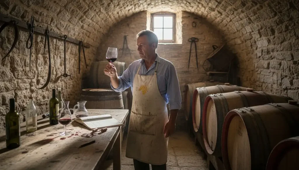 vignerons dans son chais entrain de faire assemblage