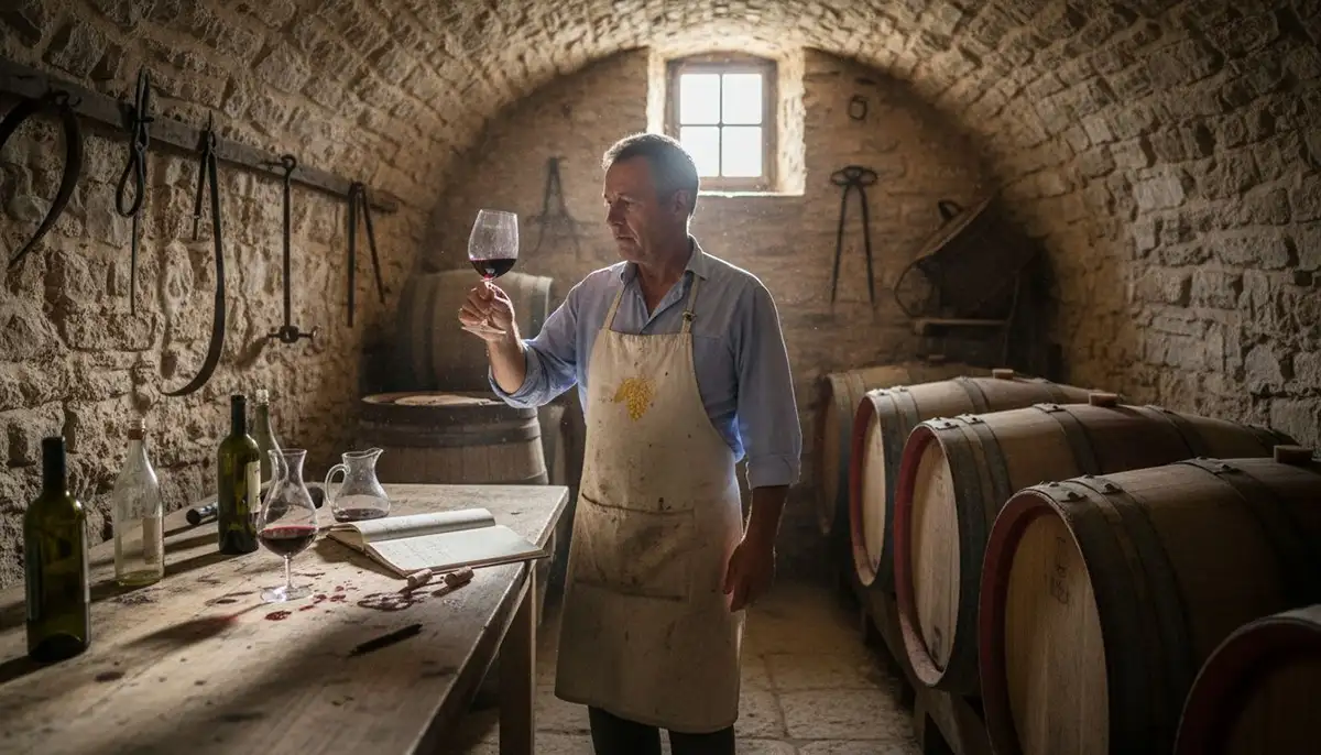 vignerons dans son chais entrain de faire assemblage