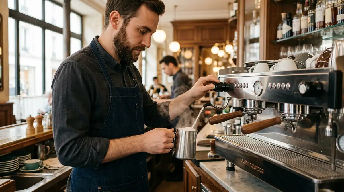 Barman technique faire mousser un lait barista