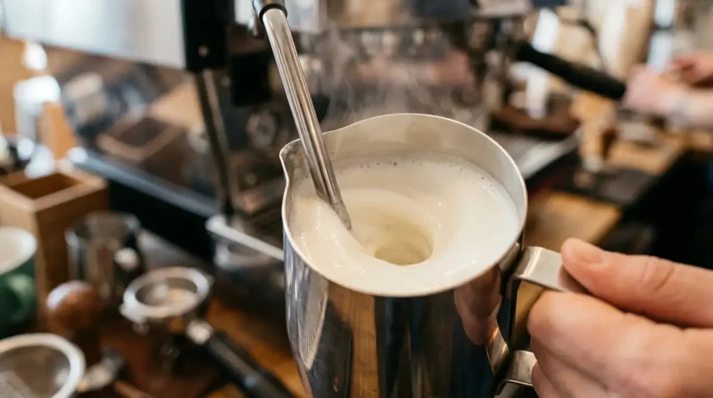 Gros plan pichet inox incline avec lait en rotation