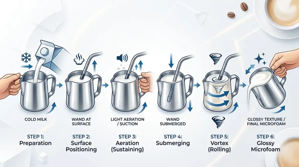 Infographie pédagogique technique vortex lait Barista