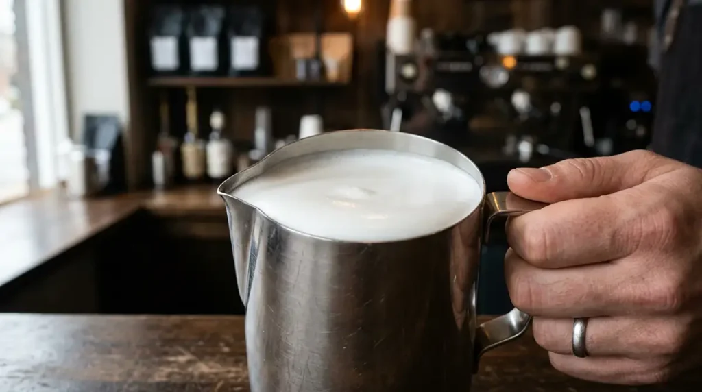Photo macro lait barista parfaitement texture dans un pichet CHR