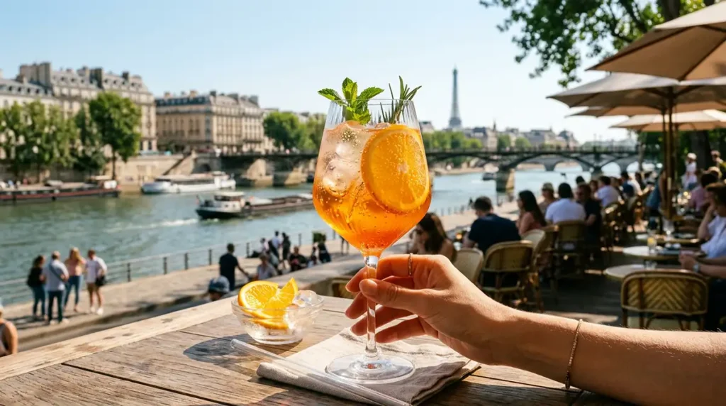 Spritz sans alcool tres rafraichissant dans un grand verre piscine
