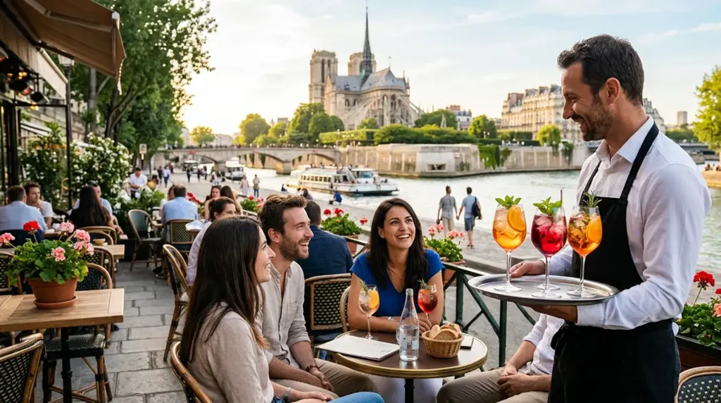 serveur terrasse de restaurant ou cafe parisien un serveur apporte une selection de spritz