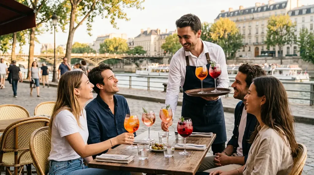 spritz licence3 Scene de terrasse de restaurant ou cafe parisien un serveur apporte une selection de spritz