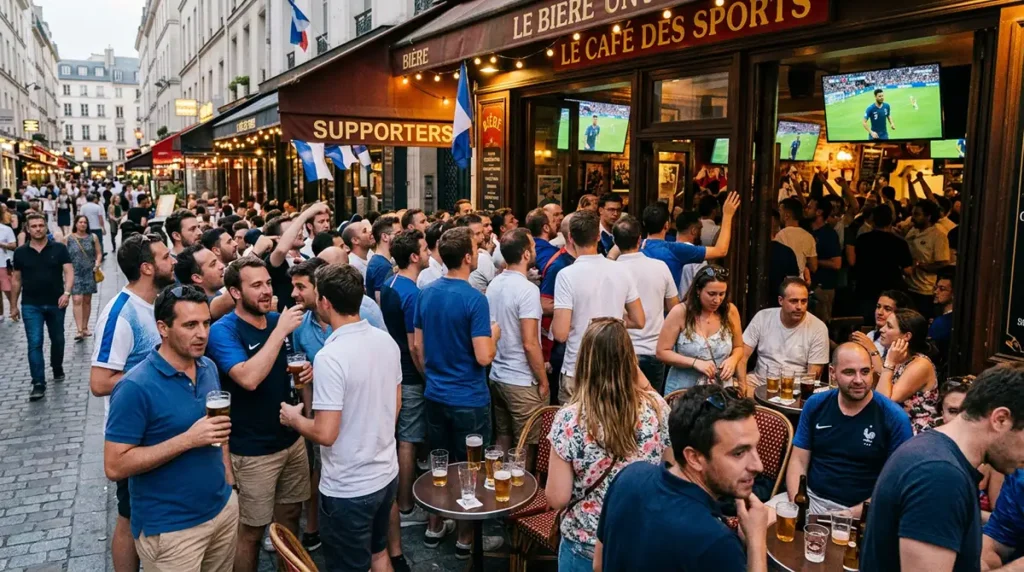 foule devant un bar parisien pendant la Coupe du Monde avec bières à la main