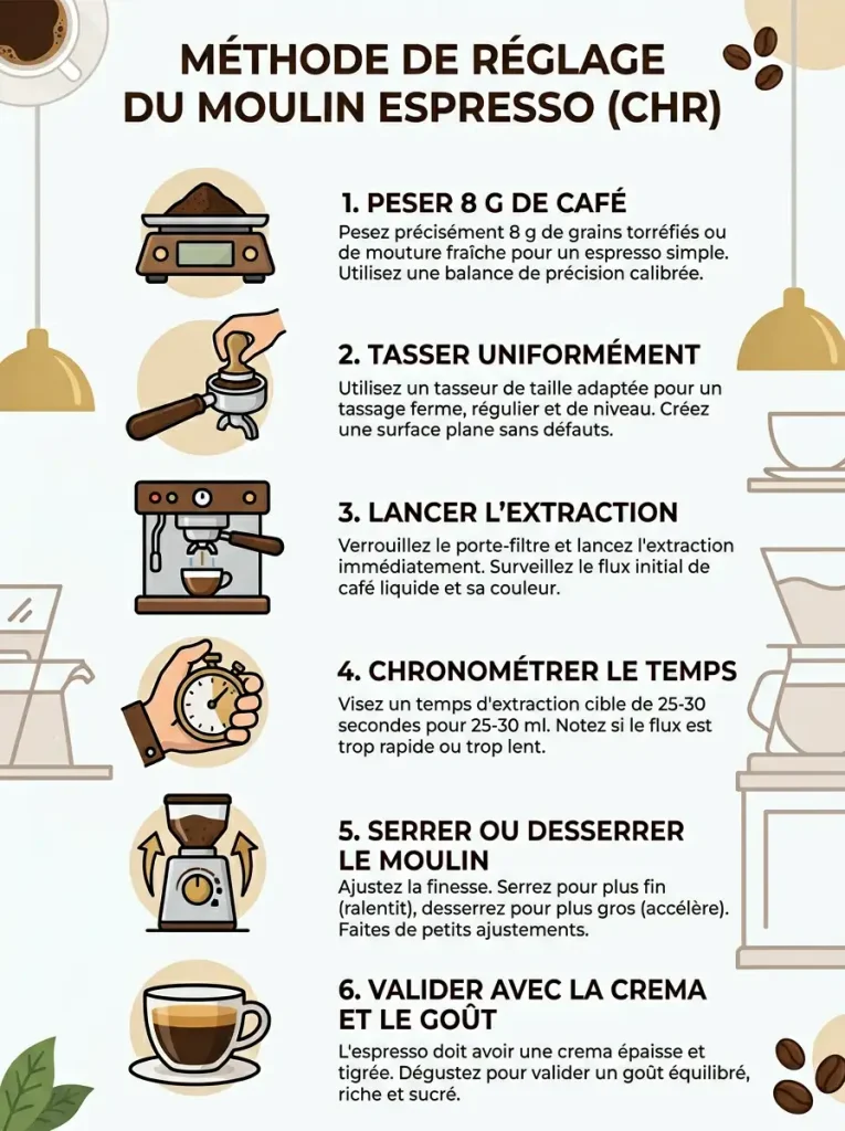 Infographie réglage moulin café espresso en 6 étapes - Tutoriel