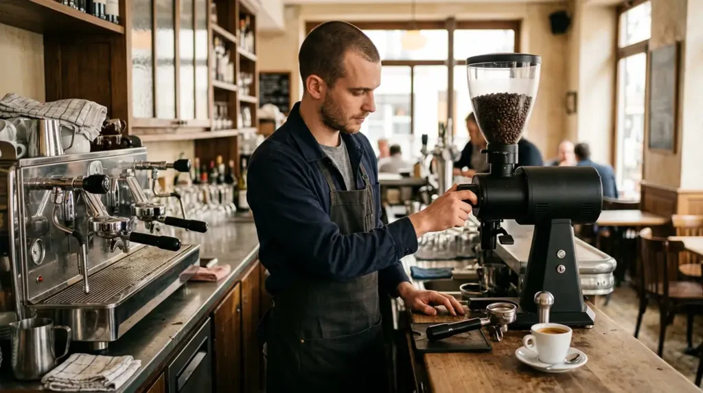 Expert café entrain d'oeuvrer au Réglage du moulin à café professionnel espresso en CHR