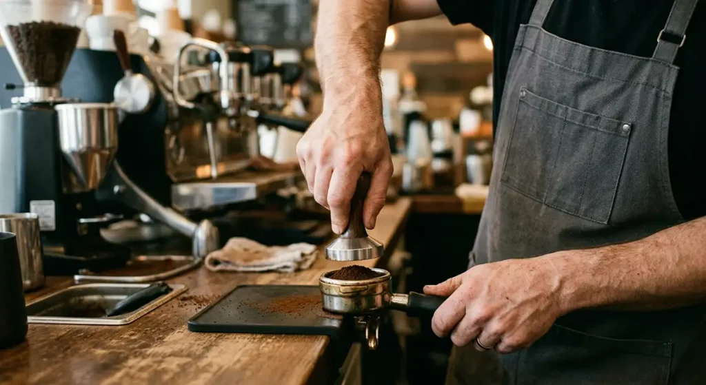 Tassage du café avant extraction espresso professionnelle