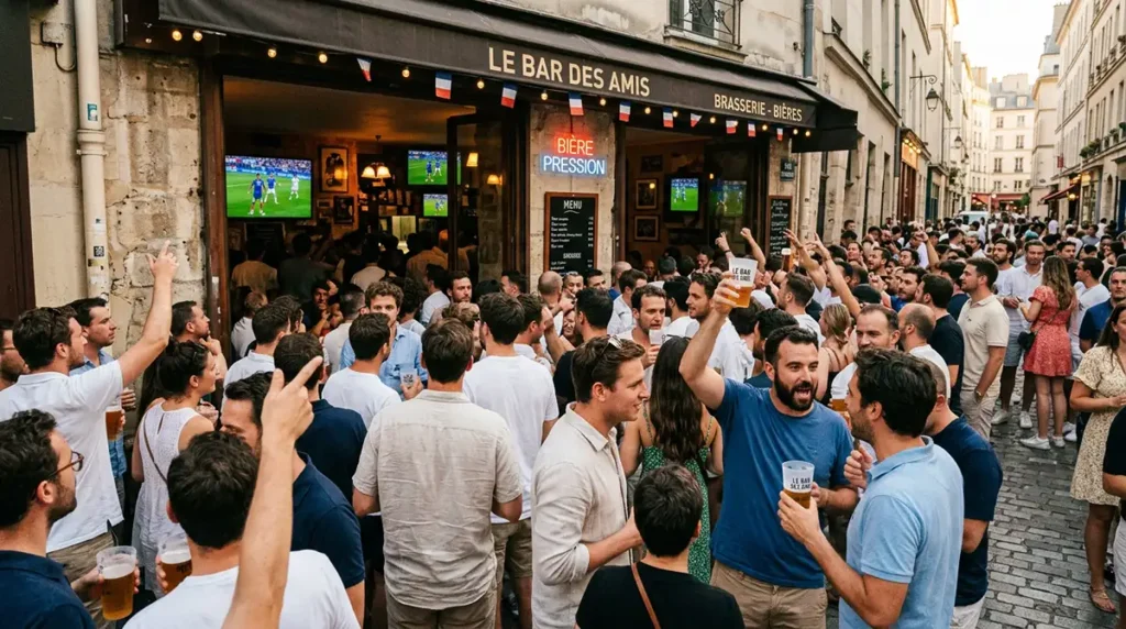 terrasse de pub parisien très fréquentée pendant un match de Coupe du Monde