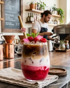 Cold Brew Iced Latte Framboise-Rose posé sur le bar d’un coffee shop haut de gamme