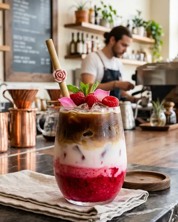 Cold Brew Iced Latte Framboise-Rose posé sur le bar d’un coffee shop haut de gamme