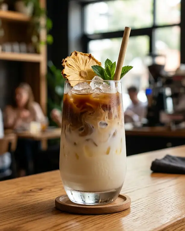 Cold Brew Piña Colada posé sur le bar d’un coffee shop