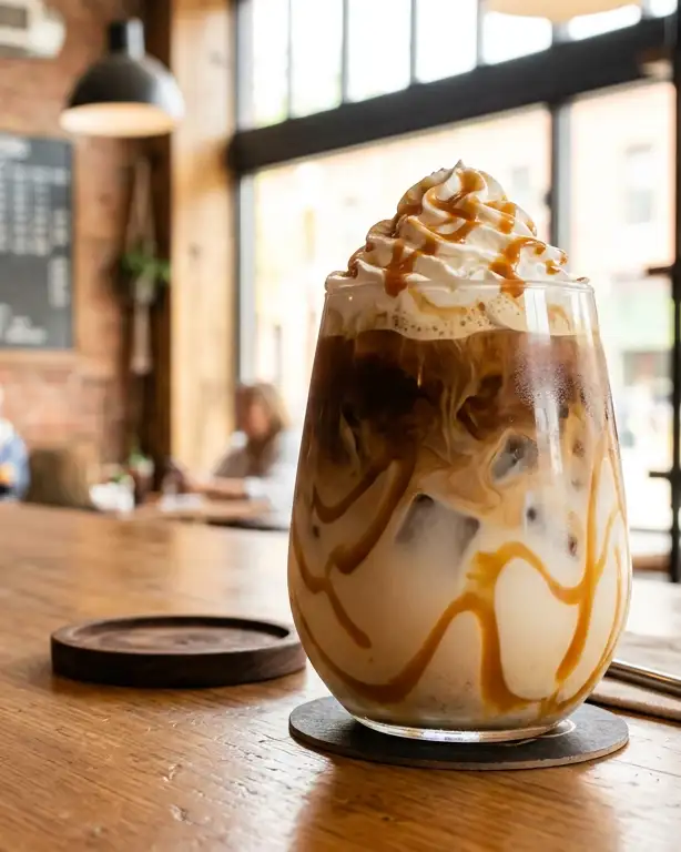 Double Caramel Iced Latte posé sur le bar d’un coffee shop