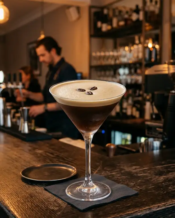 Espresso Martini posé sur le bar d’un coffee shop